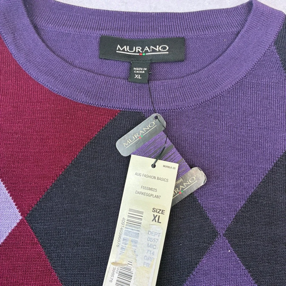 Murano Sweater Men XL Purple Argyle Silk Blend Crewneck Long Sleeve F55SM025
